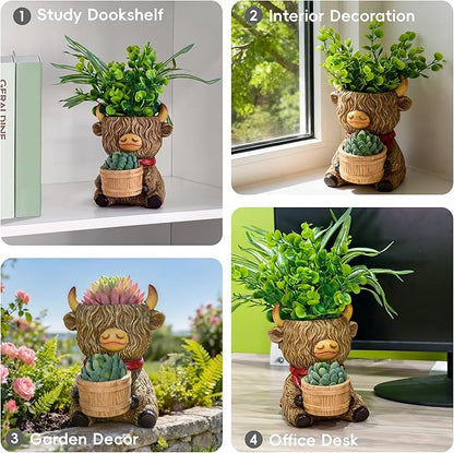 Cute Plant Pots Decor Gifts - Highland Cow Planter with Two Planters Animal Flower Pots with Drainage,Mini Succulent Pot for Home Desk Patio Decorations Outdoor Indoor Plants Pot Gift for Plant Lovers