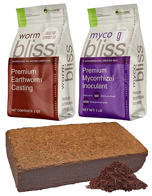 Coco Coir Brick (650gms) + Worm Bliss (1 Qt) + Myco Bliss Granular (1lb) - Organic Coco Coir for Plants - Worm Castings for Plants - Mycorrhizal Fungi Inoculant - 100% Natural Fertilizer & Potting Mix