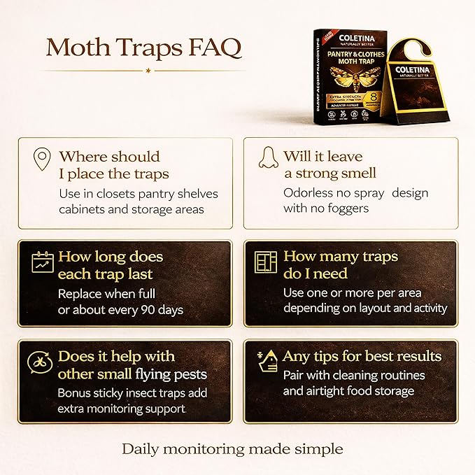 Coletina Moth Trap for Clothes Pantry Moth Traps with pheromones Pack of 8 Odorless Adhesive Boards for Closet Wardrobe Pantry Food Storage Indoor Home Control Plus 8 Insect Traps 24/7 Protection