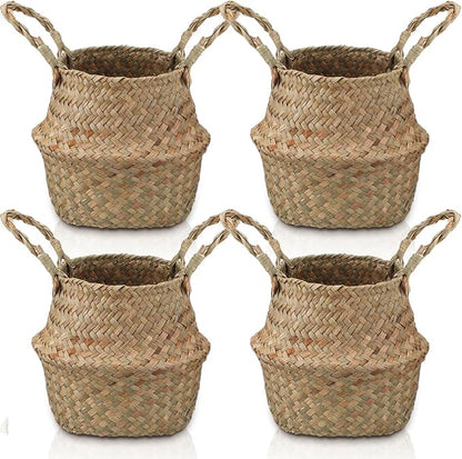 Qunclay 4 Pcs Woven Seagrass Baskets Belly Basket Folding Boho Natural Plant Pot with Handles Round Decorative Wicker Large Indoor Planter for Home Outdoor Tree Planters Decor (XXS,6.3''dx5.5''h)