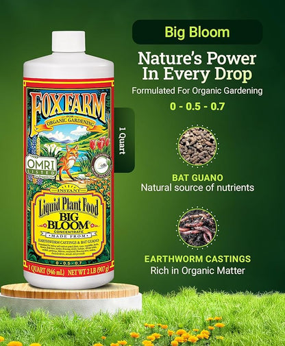 Fox Farm Big Bloom Liquid Plant Food - Organic Bloom Fertilizer for Flowering & Fruiting Plants, Contains Earthworm Castings & Bat Guano - Supports All Stages of Plant Growth - 0-0.5-0.7 NPK, 1 Quart