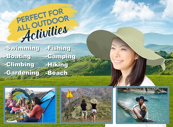 Women's Wide Brim UPF 50+ Straw Sun Hat with Bow - Foldable Packable Summer Beach Hat with Chin Strap