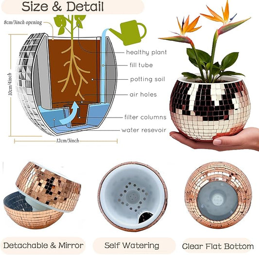 Disco Ball Planter,Disco Ball Vase,Plant Pot,Flower Pot,Mirror Plant Holder,Plastics Self Watering Disco Decor Planter for Small Plant, Party,Table,Office,Kitchen (Rose Gold, 4X5IN)