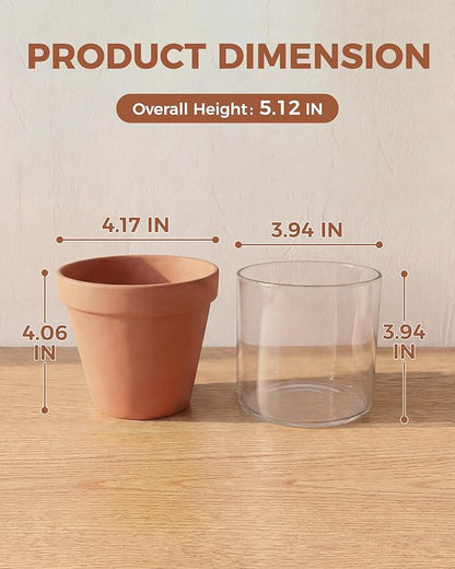 Bamworld Self Watering Pots for Indoor Plants Terracotta Pots Terracotta Planter with Cylinder Glass Cup Clay Flower Pots Ceramic Orchid Pots Modern Office Home Decor 4 Inch
