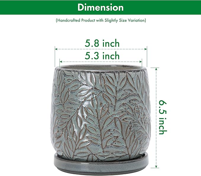 D'vine Dev 6 Inch Embossed Leaves Stoneware Planter Pot with Drainage Hole and Saucer, Graphite Blue, 27-A-X-9