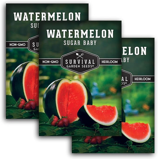 Sugar Baby Watermelon Seeds - Grow Little Round Icebox Watermelons at Home - Non-GMO Heirloom Variety for Planting - Survival Garden Seeds (3 Pack)