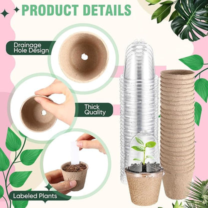 Baderke 120 Pcs Biodegradable Nursery Pots with 30 Humidity Dome and 30 Labels, 2.36" Plant Nursery Seed Starter Planter Biodegradable Peat Pots for Planting Seedlings, Vegetables (Round)