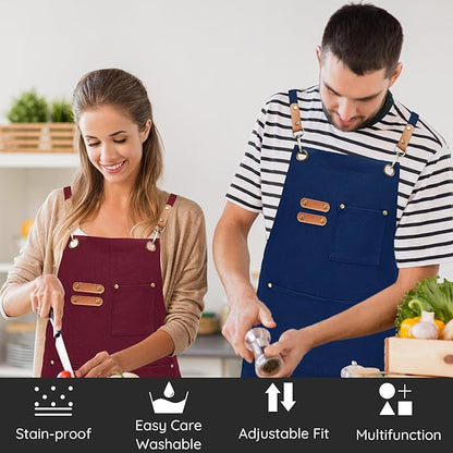 Canvas Aprons, Kitchen Chef Aprons, Work Aprons for Men Women, Adjustable Strap Aprons with 3 Pockets