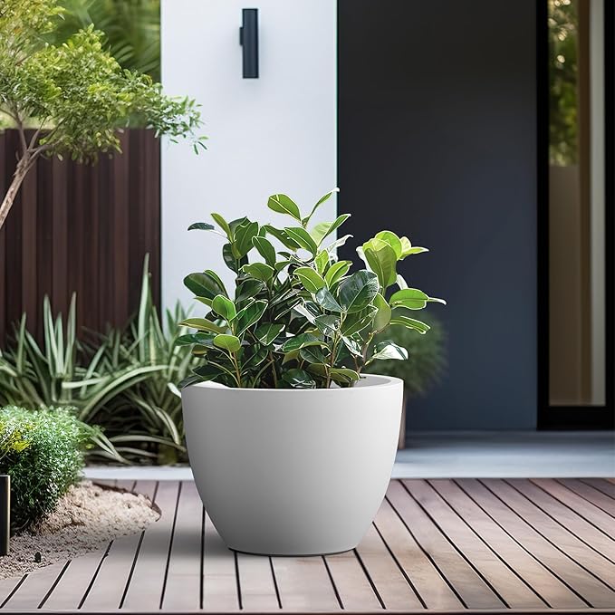 Kante 17.3 Inch Round Concrete Planter - Classic Large Indoor/Outdoor Plant Pot with Drainage Hole and Rubber Plug, Suitable for Gardens and Patios, White