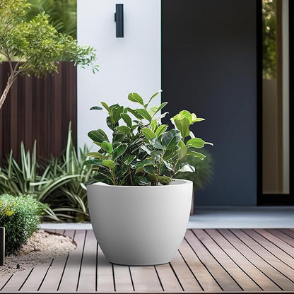 Kante 17.3 Inch Round Concrete Planter - Classic Large Indoor/Outdoor Plant Pot with Drainage Hole and Rubber Plug, Suitable for Gardens and Patios, White