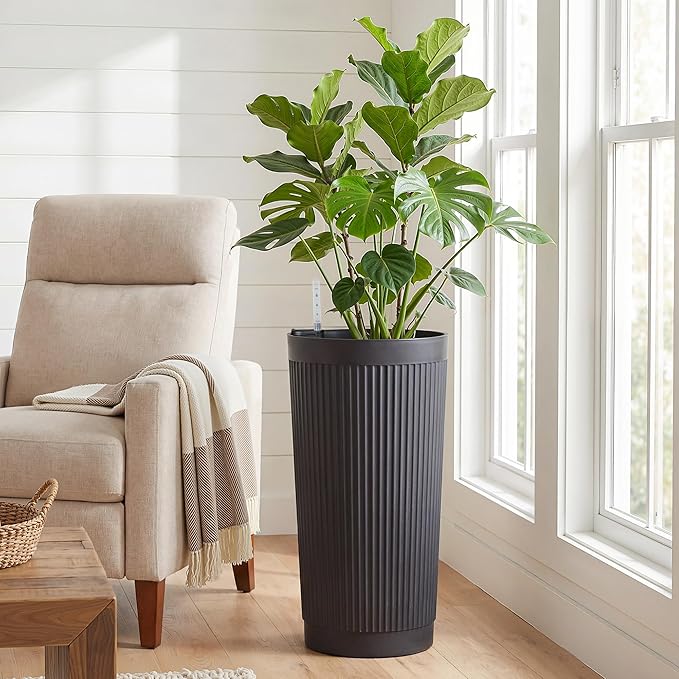 Set of 2 Tall Self-Watering Planters, 24" Large Planters with Water Level Indicator for Indoor & Outdoor Plants, Modern Planters for Garden, Patio, Balcony, Porch, Black