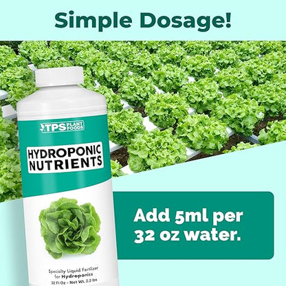 Hydroponic Nutrients for Edible Plants, One Part Complete Liquid Plant Food for Hydroponic Systems, 32 oz (1 Quart)