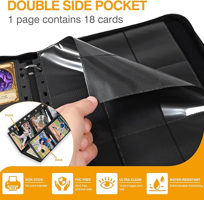 60 Pack 1080 Pockets Black Trading Card Sleeves Binder Sheets, Double Sided Thicken Game Card Sleeves for 3 Ring Binder, 9 Pocket Side Loading Page Protector for MTG, Yugioh, Game, Baseball Cards