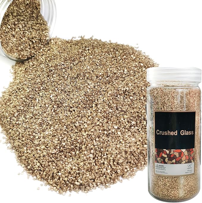HappyFiller 1.3LB Fine Gold Crushed Glass Sand Broken Pieces Crush Terrarium Stones for Resin Arts,Vase Filler,Candle Holder Small Gravel,DIY Photo Decor or More Crafts Projecting