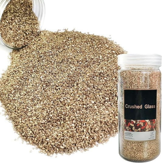 HappyFiller 1.3LB Fine Gold Crushed Glass Sand Broken Pieces Crush Terrarium Stones for Resin Arts,Vase Filler,Candle Holder Small Gravel,DIY Photo Decor or More Crafts Projecting