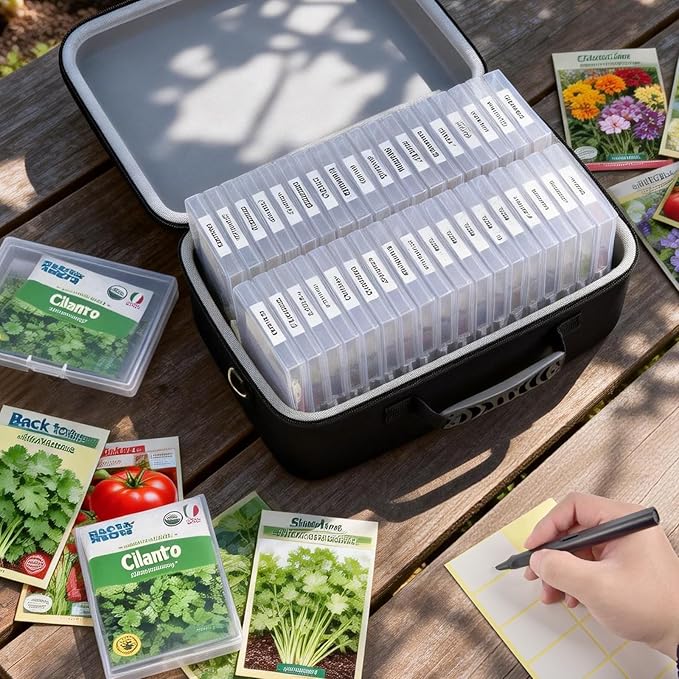 [Boobowl] Seed Storage Organizer with 36 Slots, Hard Shell Seed Holder with Labels, Dry Storage Container for Garden Vegetable Seeds, Sturdy Carrying Bag with Handle and Shoulder Strap(Box Only)