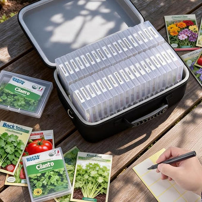 [Boobowl] Seed Storage Organizer with 36 Slots, Hard Shell Seed Holder with Labels, Dry Storage Container for Garden Vegetable Seeds, Sturdy Carrying Bag with Handle and Shoulder Strap(Box Only)