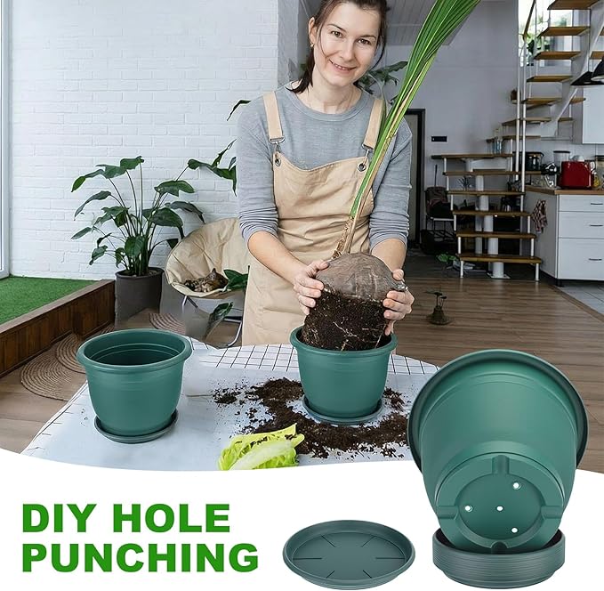 12 Pcs 8+'' Plastic Plant Pots Round Planter Pots with Saucer Tray Seedling Pot Hole Seed Resin Plant Pot Starting Nursery Flower Container with Pallet for Garden Outdoor Indoor (Green)