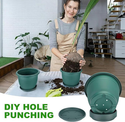 12 Pcs 8+'' Plastic Plant Pots Round Planter Pots with Saucer Tray Seedling Pot Hole Seed Resin Plant Pot Starting Nursery Flower Container with Pallet for Garden Outdoor Indoor (Green)
