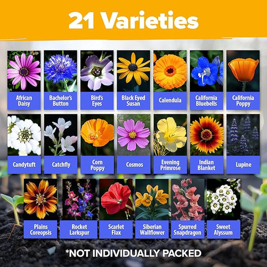 HOME GROWN Wildflower Seeds Mix - 110,600+ Seeds 3 oz, 21 Varieties, Non-GMO Wild Flower Seeds for Planting, Annual Flowers, Butterfly Garden, Pollinator Seed Mix
