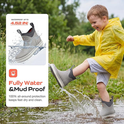 HISEA Kids Easy-On Rain Boots for Boys and Girls, Warm Waterproof Insulated Deck Boots Non-Slip Rubber Ankle Boots