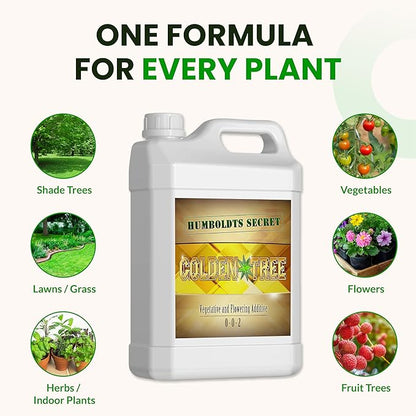 Humboldts Secret Golden Tree Liquid Plant Food | Enhances Growth Indoors or Outdoors | All-in-One Plant Nutrients for Vegetables, Trees, Flowers, Fruits, Roses, Lawns, Tomatoes | 64 Ounce