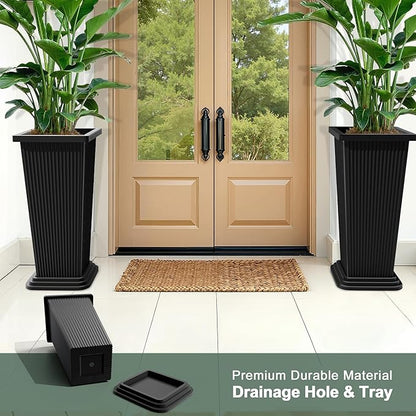 Tall Black Planters Outdoor Set of 2, Large Outdoor Tall Planters Pots with Tray, Modern Tapered Flower Planter for Front Porch, Patio, Garden (24", Ribbed)