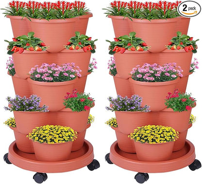 5-Tier Vertical Garden Tower Stackable Planter for Strawberries, Flowers, Vegetables & Herbs 2-Pack
