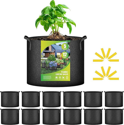 iPower 12-Pack 5 Gallon Grow Bags Heavy Duty Thickened Aeration Nonwoven Fabric Pots with Nylon Handles and 12 Labels for Planting Vegetables, Fruits, Flowers, Black