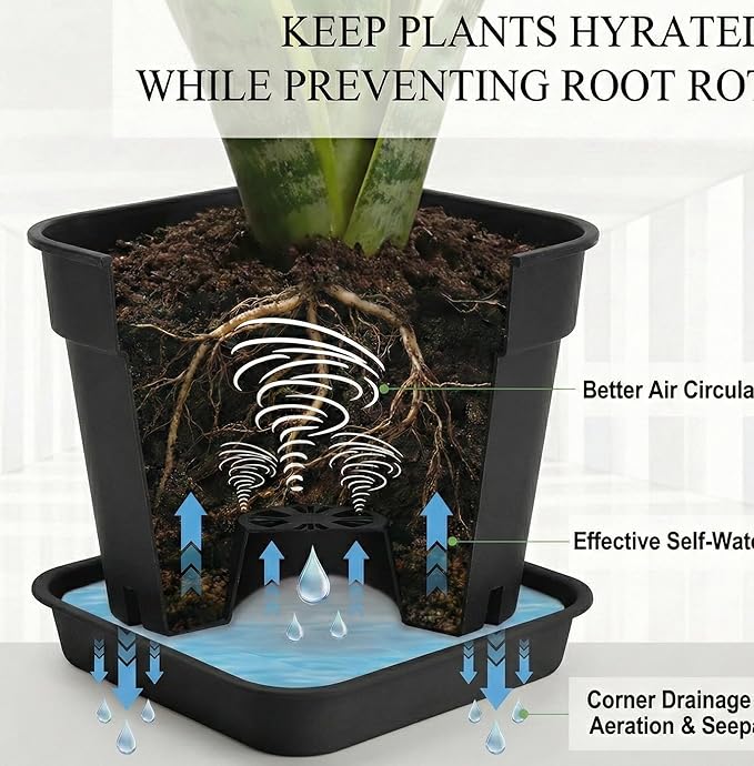 8'' Square Planters with Trays - 6 Pack Heavy Duty Plastic Plant Pots, 24 Strip Drainage Holes for Root Aeration & Prevention of Root Rot, Raised Bottom Airflow Center, BPA-Free Black Flower Pots