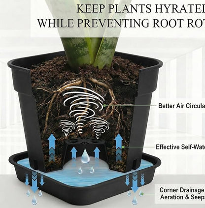 8'' Square Planters with Trays - 6 Pack Heavy Duty Plastic Plant Pots, 24 Strip Drainage Holes for Root Aeration & Prevention of Root Rot, Raised Bottom Airflow Center, BPA-Free Black Flower Pots