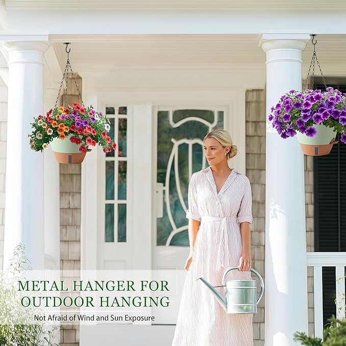 10 Inch Hanging Planters for Indoor Plants, 2 Pack Self Watering Hanging Baskets Flower Pots with Drainage Hole, Visual Reservoir & 2 Kinds of Plant Hanger for Outdoor Garden Home Decor