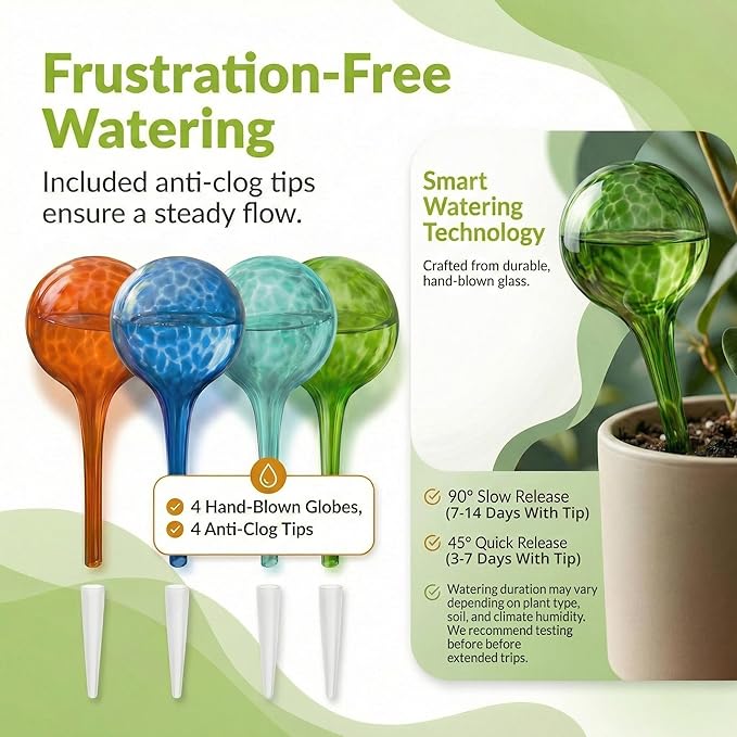 Automatic Plant Watering Globes Self Watering Planter Inserts (Set of 4) | Hands Free Multicolor Glass Bulbs | Planter Spikes to Support Indoor & Outdoor Plant Health (100ml)