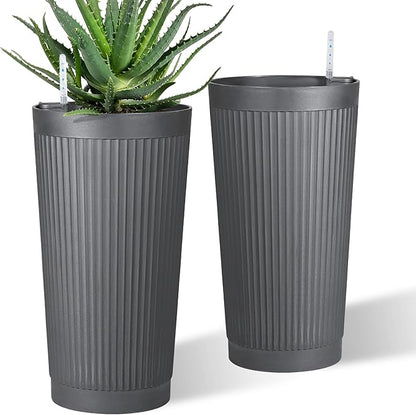 Set of 2 Tall Self-Watering Planters, 24" Large Planters with Water Level Indicator for Indoor & Outdoor Plants, Modern Planters for Garden, Patio, Balcony, Porch, Cement Gray
