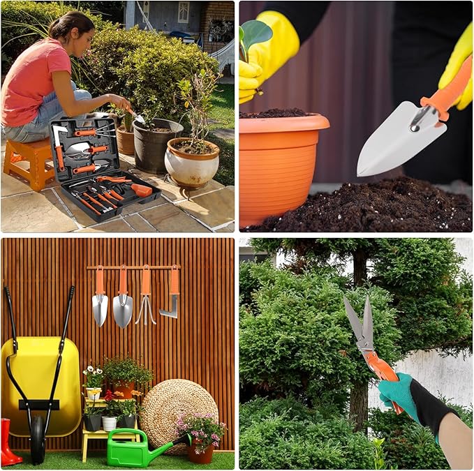 Gardening Tool Set, 11 Pieces Gardening Tools with Carrying Case, Garden Tool Kit for Digging Planting Pruning, Unique Gardening Set with Gloves for Women and Men (Orange)