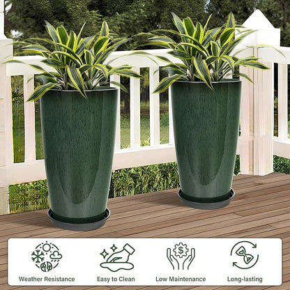 Set of 2 Lightweight Ceramic-Look Tall Planter, 21 inch Large Plastic Planter with Drain Hole & Saucers, Large Outdoor Planters for Porch, Garden, Patio, Balcony(Dark Green)