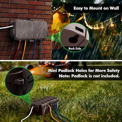 RESTMO Outdoor Electrical Box, IP54 Weatherproof Extension Cord Cover with 6 Cable Entry Ports, Waterproof Connection Box Protect Power Strip, Timer, Plug, Holiday Lights, (11.5x5.2x4 inch), Brown