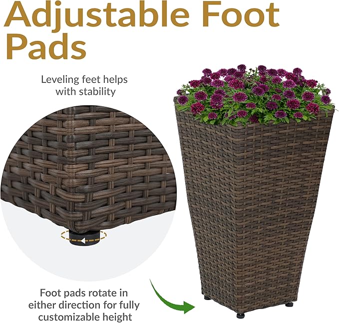 Sunnydaze Set of 2 Square Tall Wicker Planters - Polyrattan Rectangular Large Plastic planters for Outdoor Plants - 20-Inches Tall - Brown