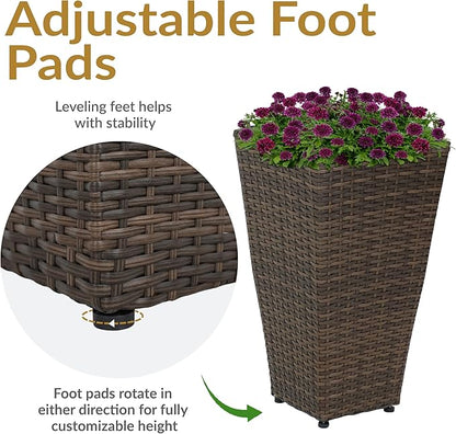 Sunnydaze Set of 2 Square Tall Wicker Planters - Polyrattan Rectangular Large Plastic planters for Outdoor Plants - 20-Inches Tall - Brown