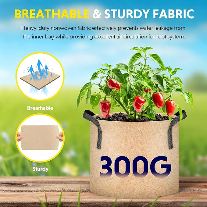 iPower 15 Gallon 10 Pack Grow Bags Nonwoven Fabric Pots Aeration Container with Strap Handles for Garden and Planting, 10-Pack Tan, 15 Gallon