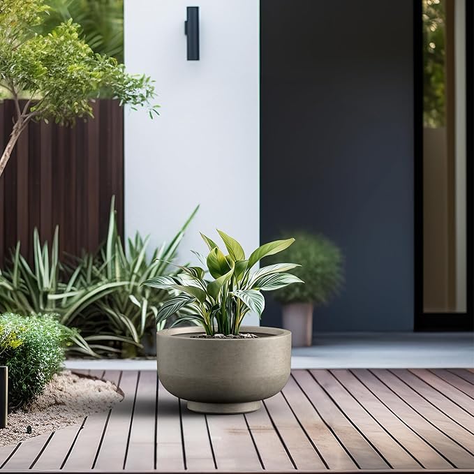 Kante 13.8 Inch Dia Concrete Bowl Planter, Large Tapered Bottom Plant Pot with Drainage, Smooth Weathered Concrete Finish with Painted Interior, Ideal for Porch, Home, Garden, Patio