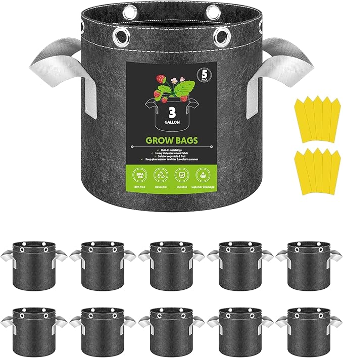 InfiniPower 10 Pack 3 Gallon Plant Grow Bags, 400G Thick Nonwoven Fabric Pots with Multi-Purpose Rings and Handles, Reusable for Low Stress Plant Training Fruits, Vegetables and Flowers