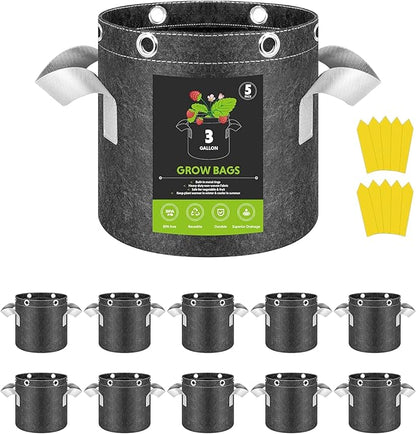 InfiniPower 10 Pack 3 Gallon Plant Grow Bags, 400G Thick Nonwoven Fabric Pots with Multi-Purpose Rings and Handles, Reusable for Low Stress Plant Training Fruits, Vegetables and Flowers