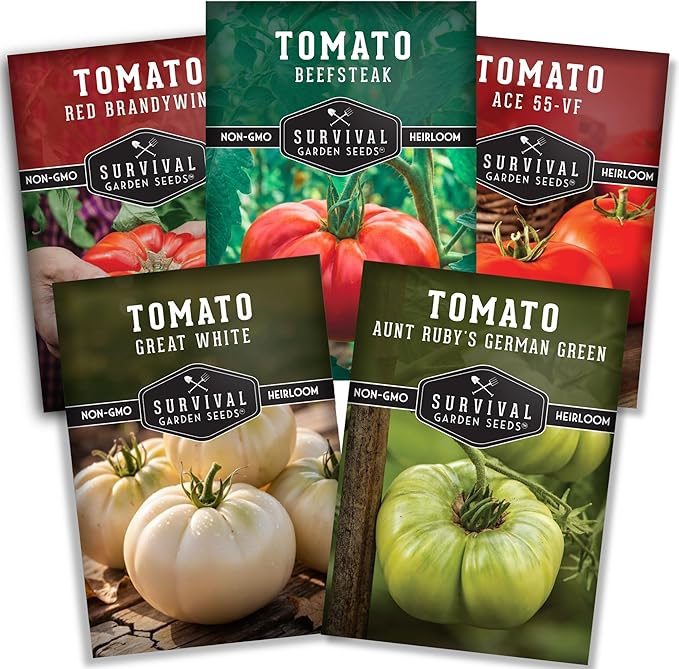 Essential Tomato Seeds 5 Variety Pack for Planting – Classic Heirloom Non-GMO Tomatoes: Cherokee Purple, Roma, Large Red Cherry, Beefsteak, and Great White – Survival Garden Seeds