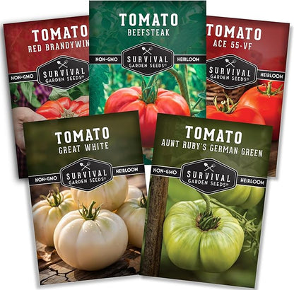 Essential Tomato Seeds 5 Variety Pack for Planting – Classic Heirloom Non-GMO Tomatoes: Cherokee Purple, Roma, Large Red Cherry, Beefsteak, and Great White – Survival Garden Seeds