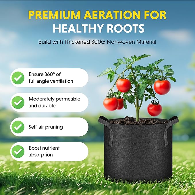 iPower 5-Pack 5 Gallon Plant Grow Bags Thickened Nonwoven Aeration Fabric Pots Heavy Duty Durable Container, Strap Handles for Garden, Tan