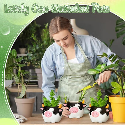 Sieral 2 Pcs Lovely Cow Succulent Pots with Drainage Cute Animal Plaster Planter Pots Plants Holder Cow Shaped Cactus Flower Container for Home Display and Office Desk Decoration