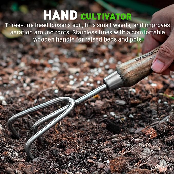 GOODSMANN Heavy Duty Garden Tools Stainless Steel Gardening Tools Set of 4 Includes Flower Garden Shovel Hand Trowel Weeding Cultivator with Wooden Handle and Garden Pruning Shears for Women/Men