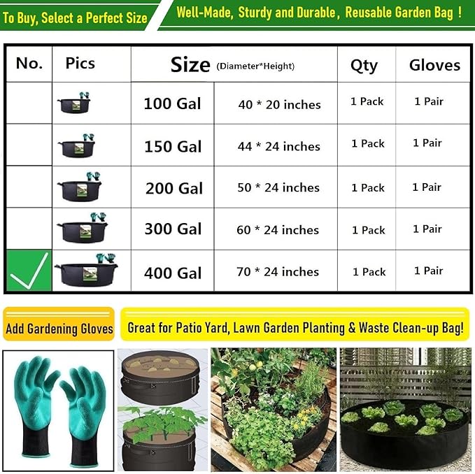 400 Gallon Big Raised Garden Bed Bag (70x24 inch) Large Plant Grow Bag for Tomato,Potato Planter,Herbs Veggies Planter,Flower Bed,Plant Container,Yard Waste,Lawn Debris,Leaf Bag with Gardening Gloves