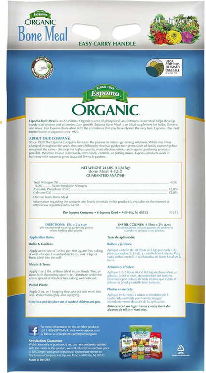 Espoma Organic Bone Meal Fertilizer 4-12-0. All-Natural Plant Food Source of Nitrogen and Phosphorus for Organic Gardening. for Bulbs & Other Flowering Plants. 24 lb.Bag.